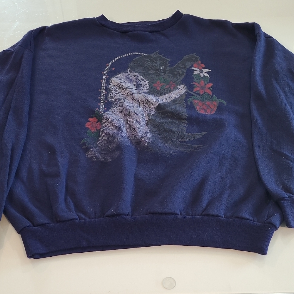 EUC VTG IN-STYLE Kitchy Kittens Holiday Themed Navy Crew Neck Top